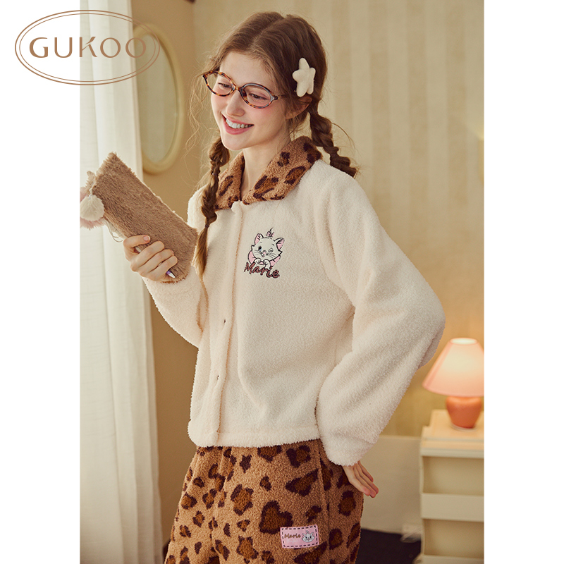 Gukoo/果壳睡衣女冬款玛丽猫联名加绒豹纹翻领家居服套装