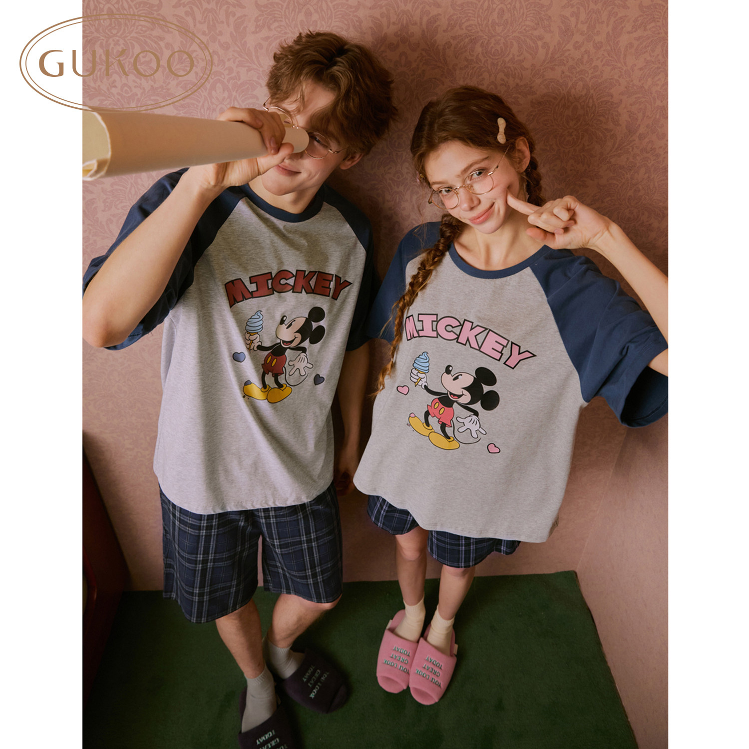 Gukoo/果壳睡衣情侣夏季新款米奇家族联名卡通家居服套装可外穿