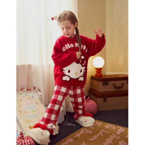 Gukoo/果壳儿童睡衣女秋冬新品KT联名半边绒保暖可外穿家居服套装