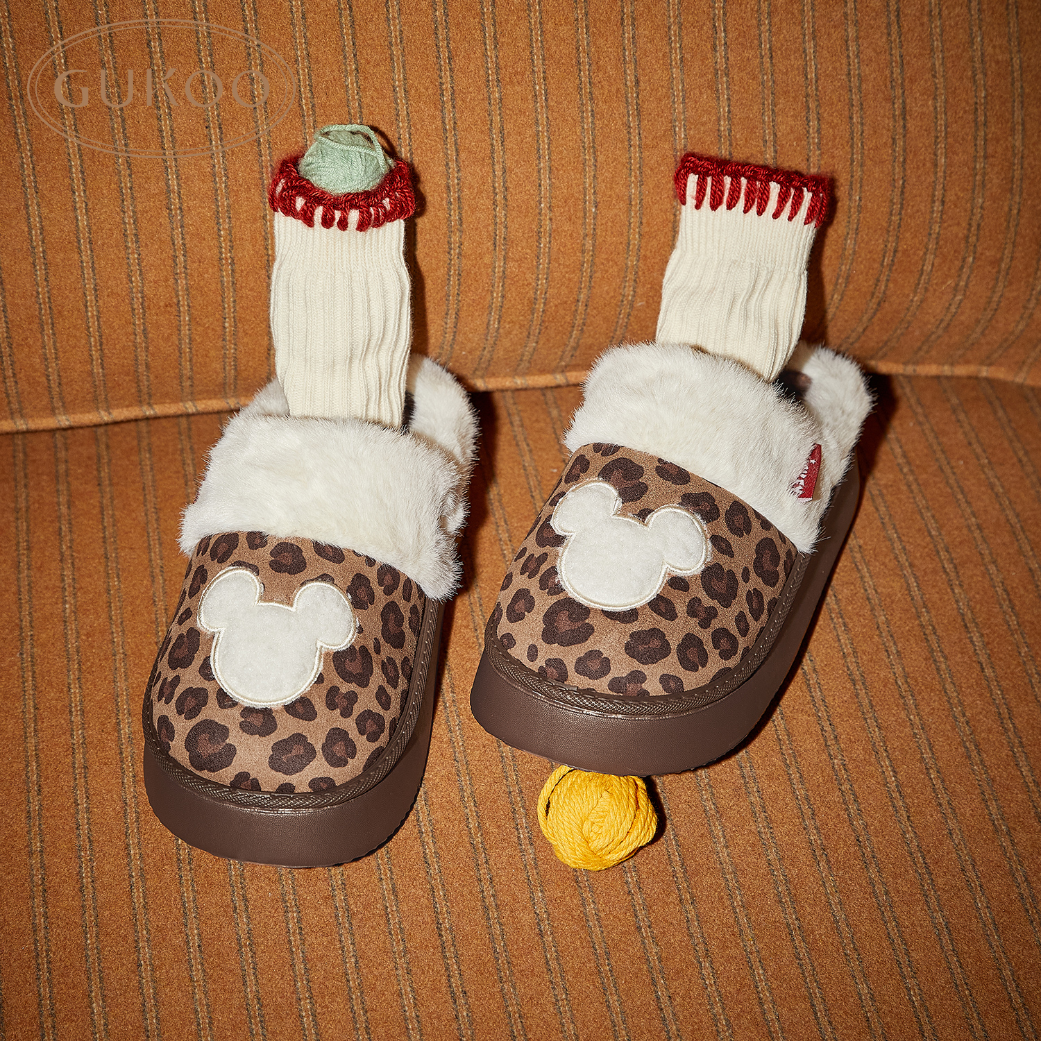 Gukoo/果壳拖鞋女秋冬款米奇系列毛绒包头居家拖鞋