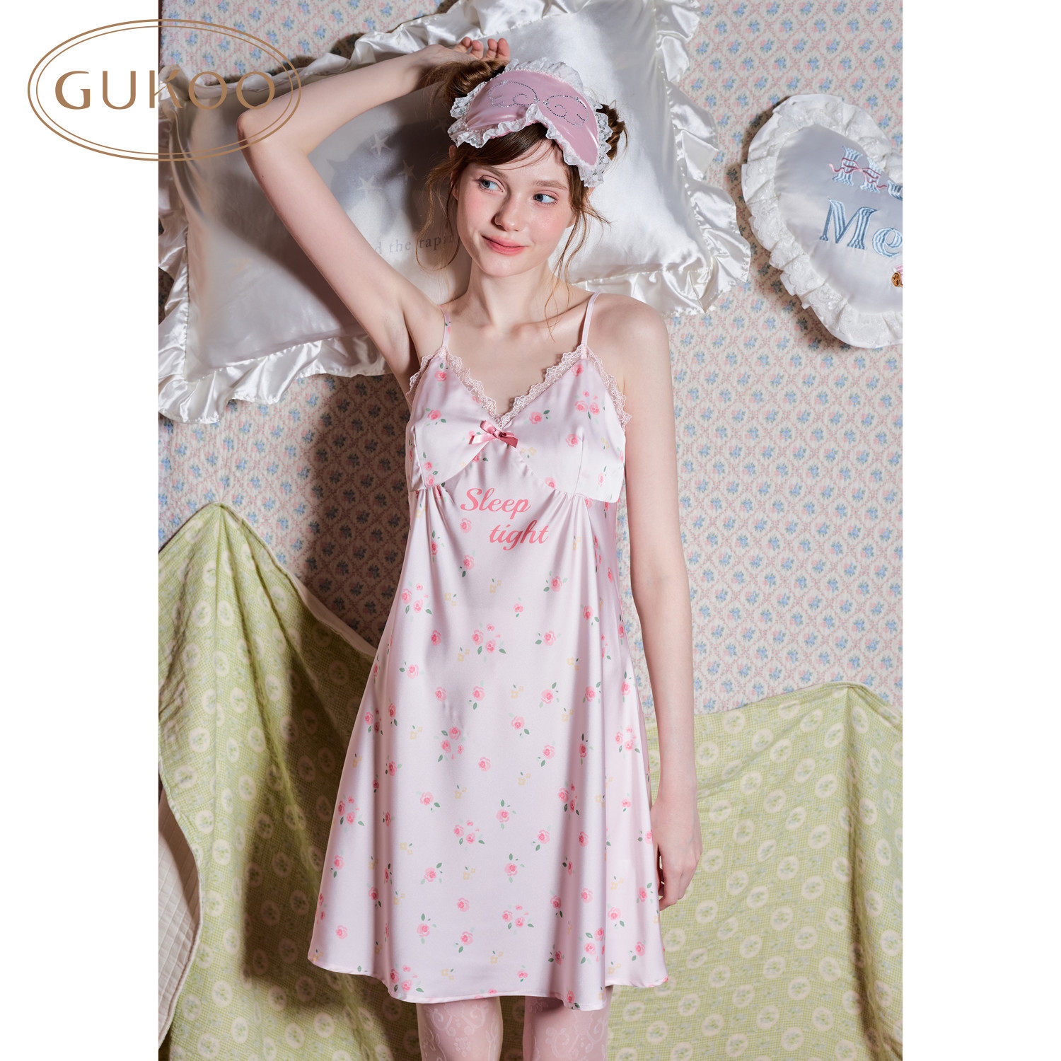 Gukoo/果壳睡衣女夏季高级冰丝质感无袖小碎花吊带睡裙家居服