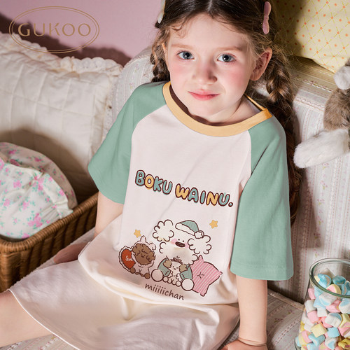 Gukoo/果壳睡衣女童夏季卡通印花家居服儿童睡裙亲子装可外穿