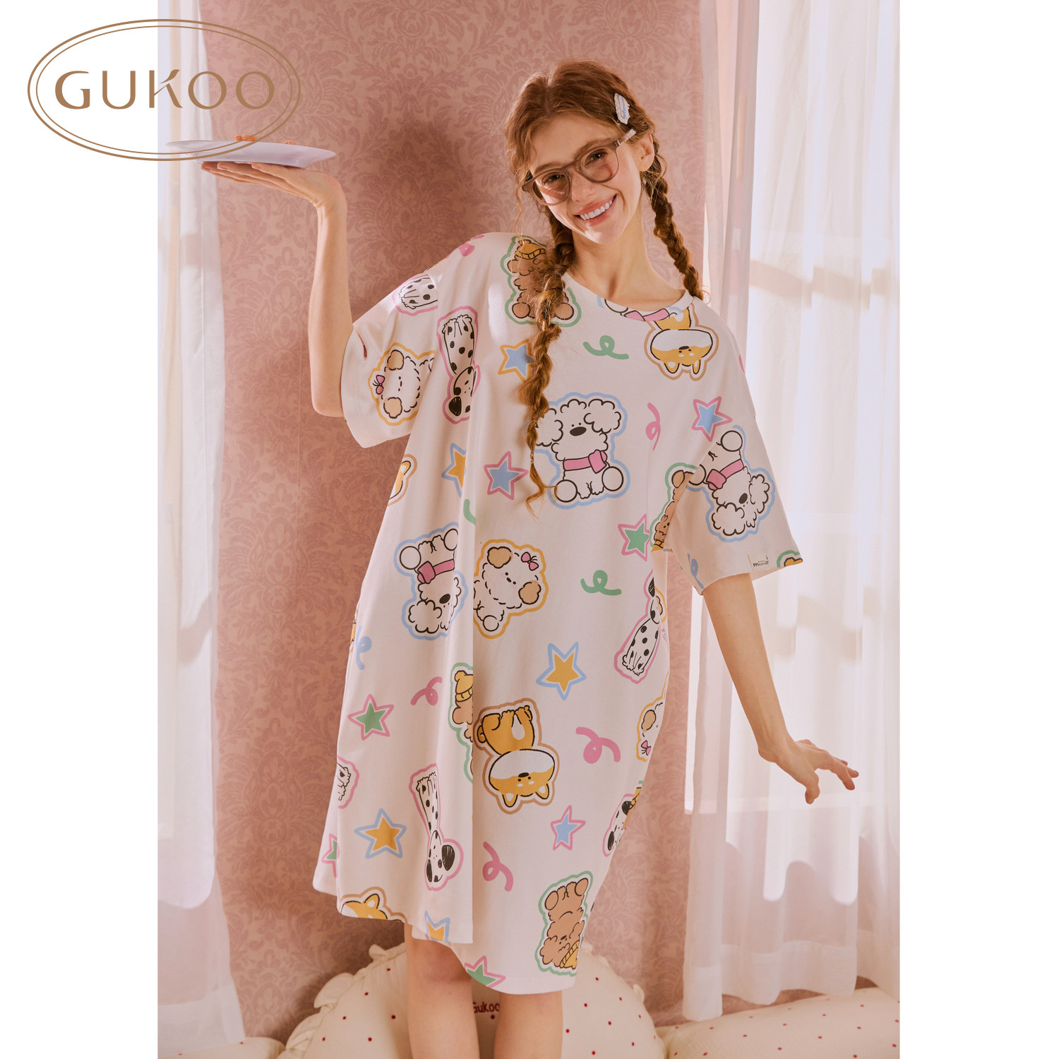 Gukoo/果壳睡衣女夏款卡通满印miiiiichan联名可外穿家居家睡裙