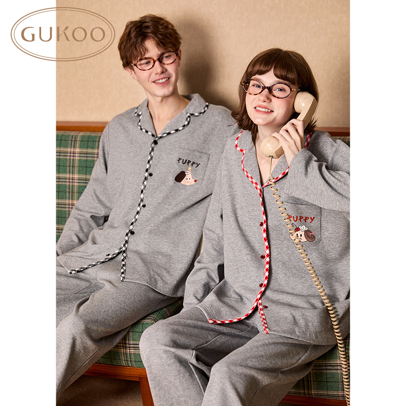 Gukoo/果壳睡衣女春秋款长袖轰轰小狗全棉舒适情侣家居服套装