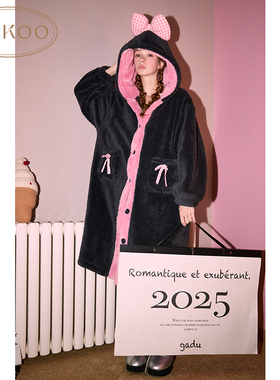 Gukoo/果壳女士睡衣珊瑚绒保暖连帽家居服蝴蝶结外穿睡袍