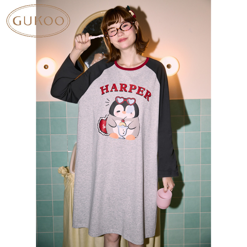 Gukoo/果壳睡衣女纯棉春夏长袖连衣裙卡通企鹅可爱居家睡裙