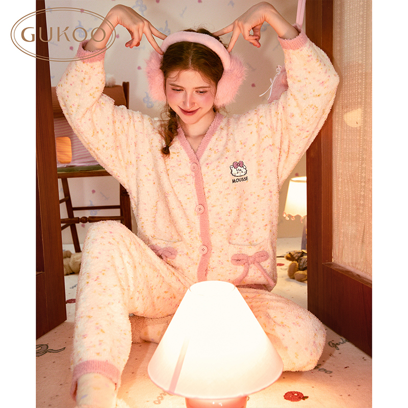 Gukoo/果壳睡衣女冬款雪尼尔蝴蝶结mikko系列开衫居家套装