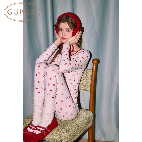 Gukoo/果壳保暖内衣秋冬新品圆领满印棉毛衫打底家居服套装