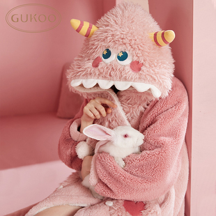 Gukoo 果壳冬新女士睡衣睡袍加绒卡通连帽可外穿珊瑚绒家居服睡袍