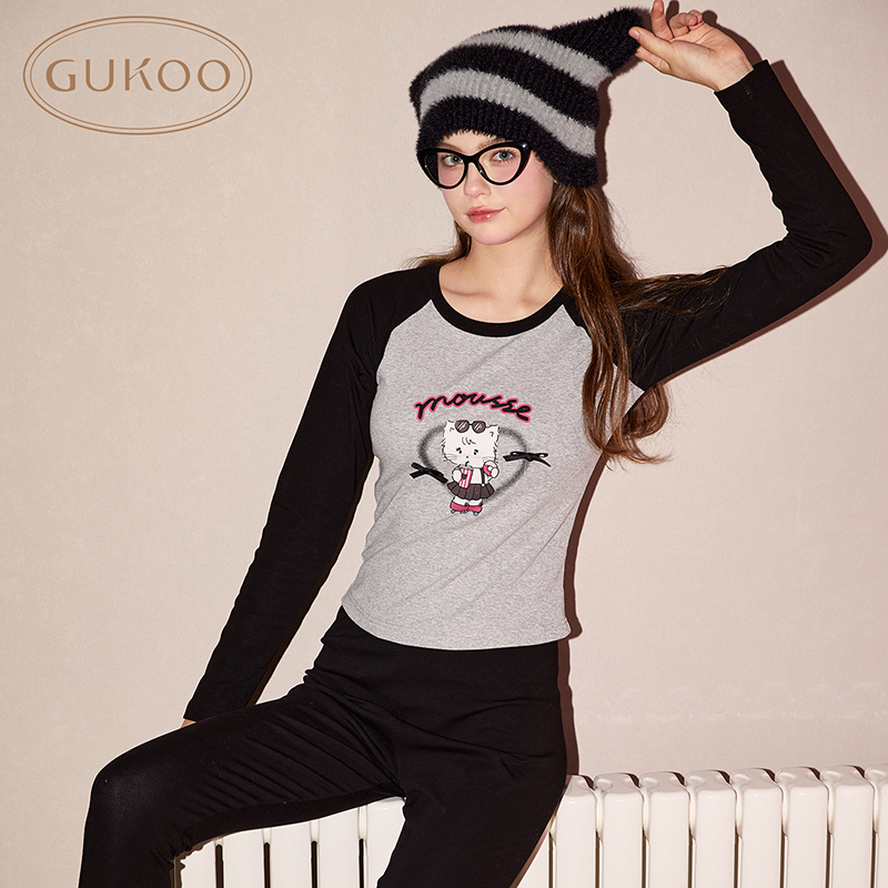 Gukoo/果壳女士秋冬可外穿打底mikko系列灰色打底衫套装