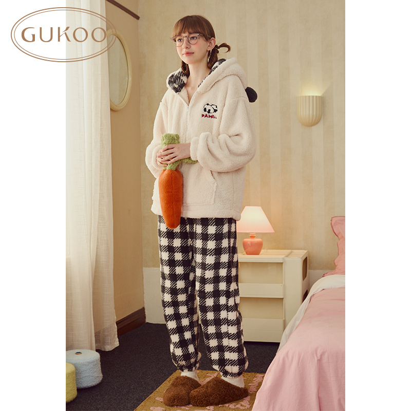 Gukoo/果壳睡衣女冬款加绒熊猫印花格纹连帽家居服套装