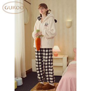 Gukoo/果壳睡衣女冬款加绒熊猫印花格纹连帽家居服套装