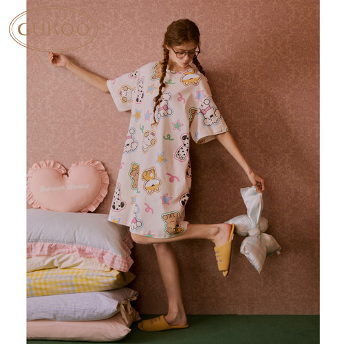 Gukoo/果壳睡衣女夏款卡通满印miiiiichan联名可外穿家居家睡裙