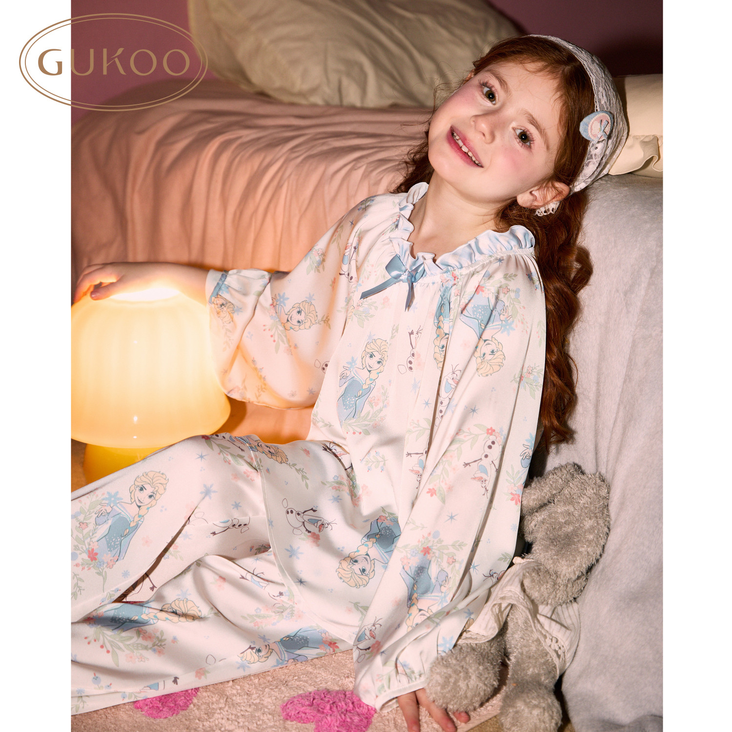Gukoo/果壳睡衣女童春秋冰雪奇缘联名卡通薄款冰丝儿童家居服套装