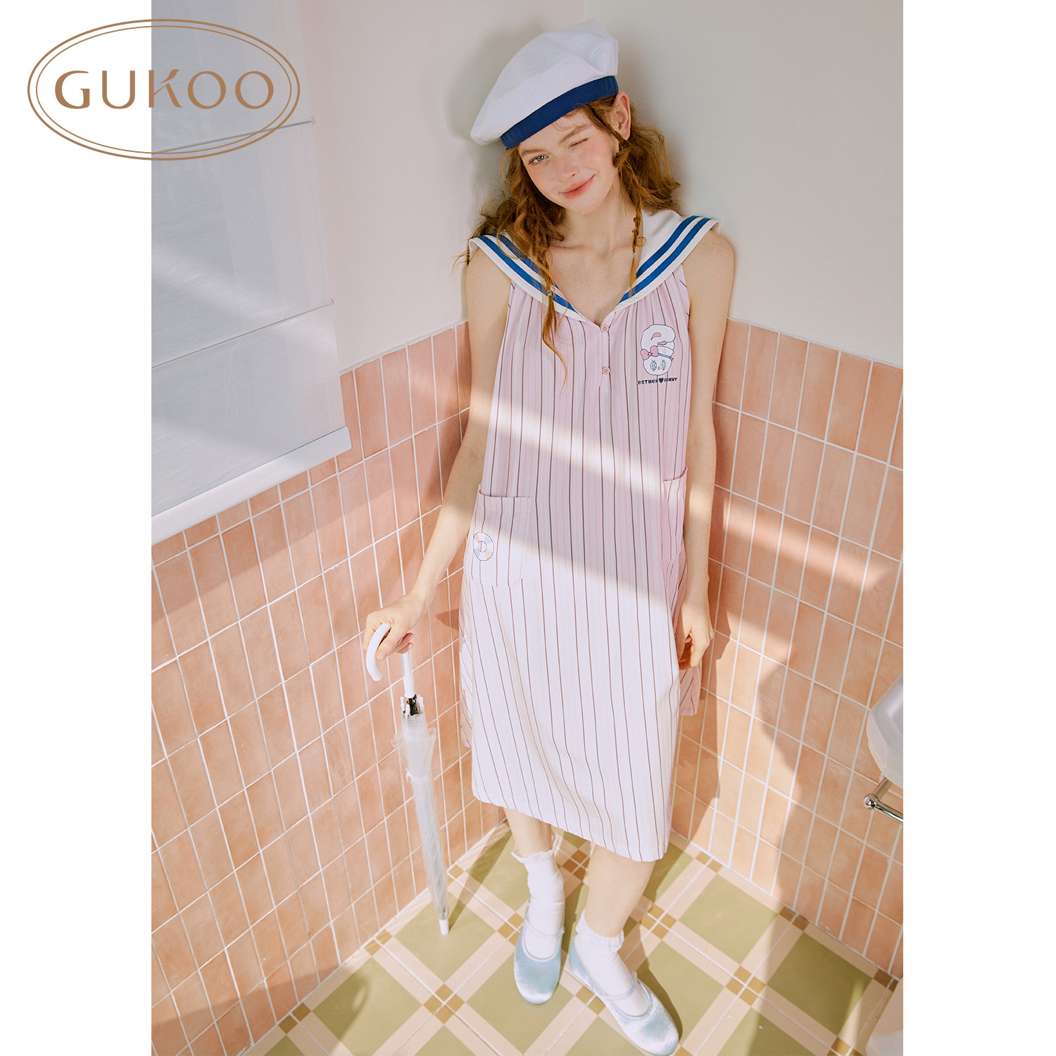 Gukoo/果壳睡衣女夏季艾丝乐小兔联名海军领纯棉家居服睡裙可外穿
