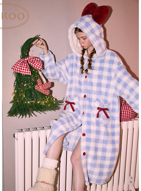 Gukoo/果壳睡衣女秋冬款格子加绒保暖蝴蝶结连帽家居睡袍