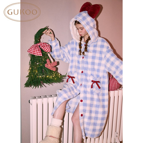 Gukoo/果壳睡衣女秋冬款格子加绒保暖蝴蝶结连帽家居睡袍