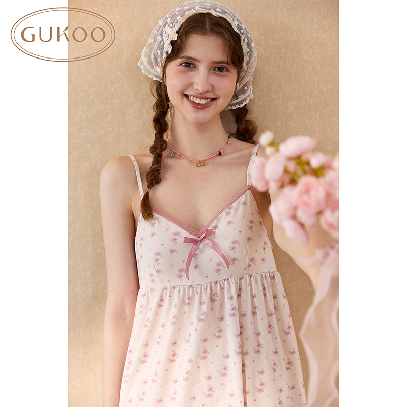 Gukoo/果壳睡衣女夏款纯棉蝴蝶结小碎花满印吊带睡裙