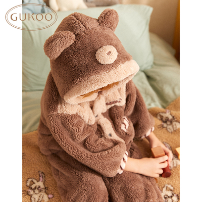 睡衣儿童冬款珊瑚可爱加绒保暖连帽开衫男童家居服套装