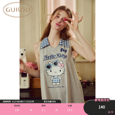 Gukoo/果壳睡衣女夏款纯棉hellokitty系列无袖家居睡裙