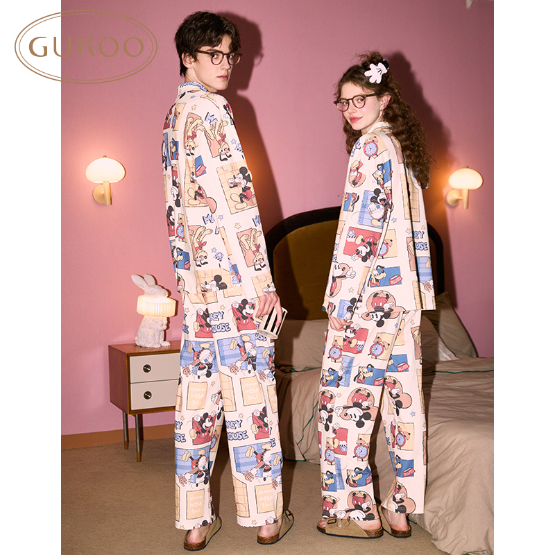 Gukoo/果壳睡衣女春秋款迪士尼系列满印长袖情侣家居服套装