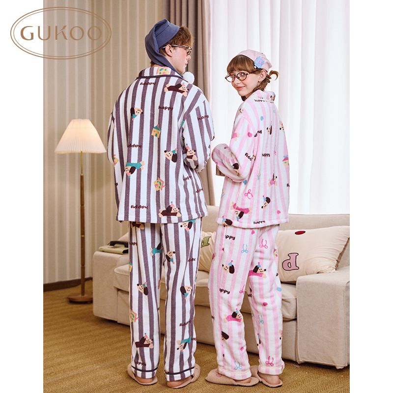 Gukoo/果壳睡衣女秋冬款轰轰小狗加绒保暖情侣家居服套装