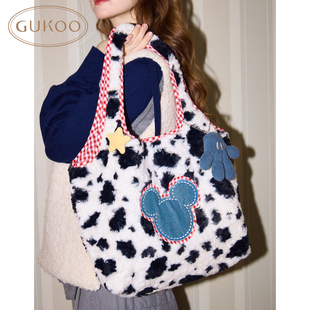 Gukoo 果壳手提包女秋冬黑白百搭米奇系列大容量单肩包毛绒包