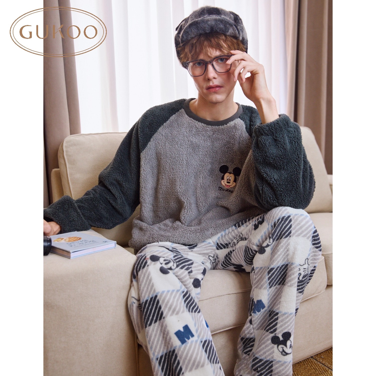 Gukoo/果壳睡衣男冬款迪士尼系列米奇加绒保暖家居服套装