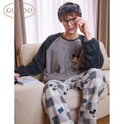 Gukoo/果壳睡衣男冬款迪士尼系列米奇加绒保暖家居服套装