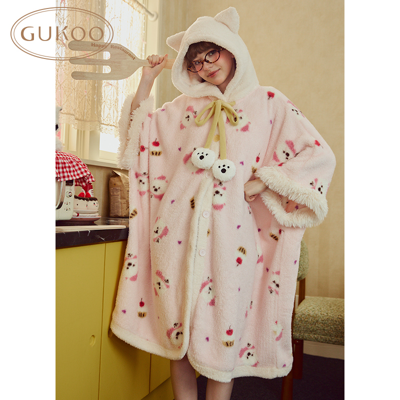 Gukoo/果壳睡衣女秋冬款满印加绒保暖连帽斗篷家居睡袍