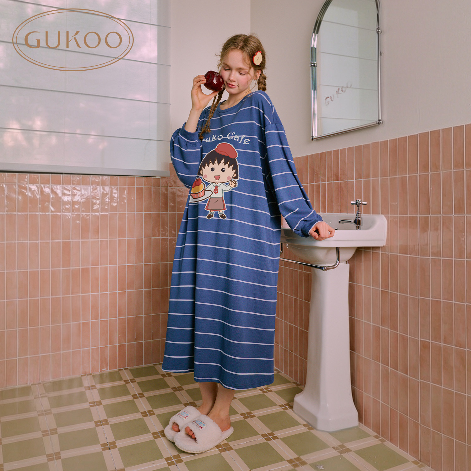 Gukoo/果壳睡裙女秋冬新款樱桃小丸子联名纯棉条纹可外穿家居服