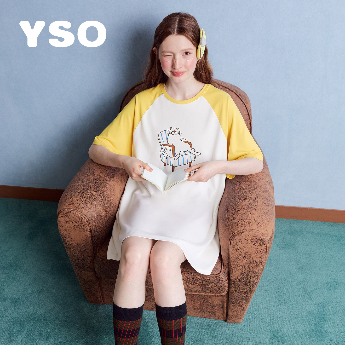 yso睡衣女夏季新款酷猫系列纯棉卡通印花宽松家居服睡裙可外穿图片