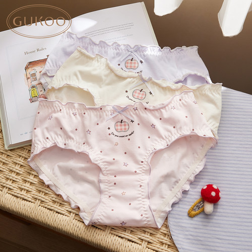 Gukoo/果壳【10A抗菌纯棉裆】内裤女夏季薄款甜美印花无痕3条装