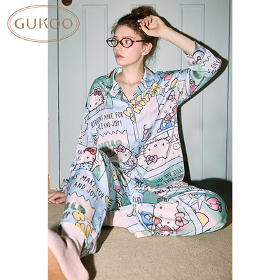 Gukoo/果壳睡衣女春秋款hellokitty系列冰丝质感长袖家居服套装