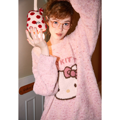Gukoo/果壳睡衣女秋冬新款hellokitty系列半边绒家居服套装亲子装