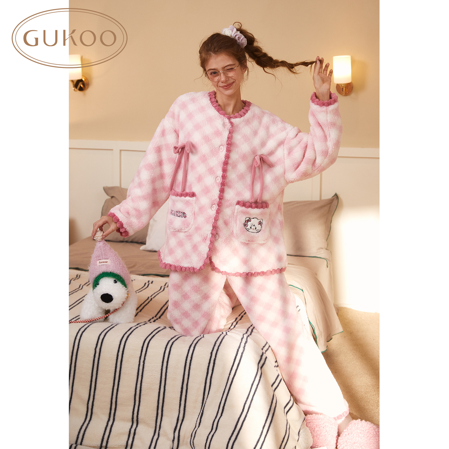 Gukoo/果壳睡衣女冬款IP系列加厚保暖毛绒格子家居服套装