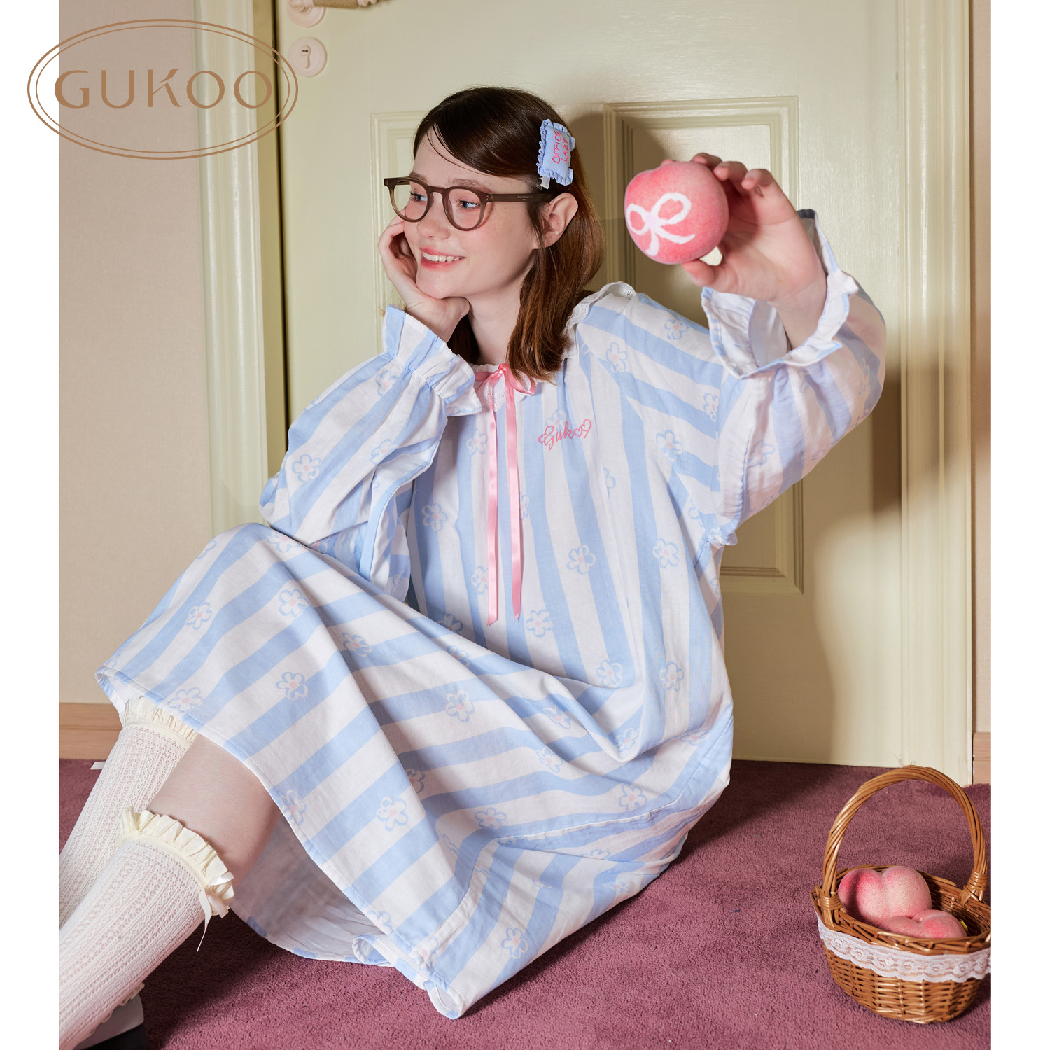 Gukoo/果壳【双层棉纱100%棉】睡衣女夏季新款公主风条纹纯棉睡裙图片
