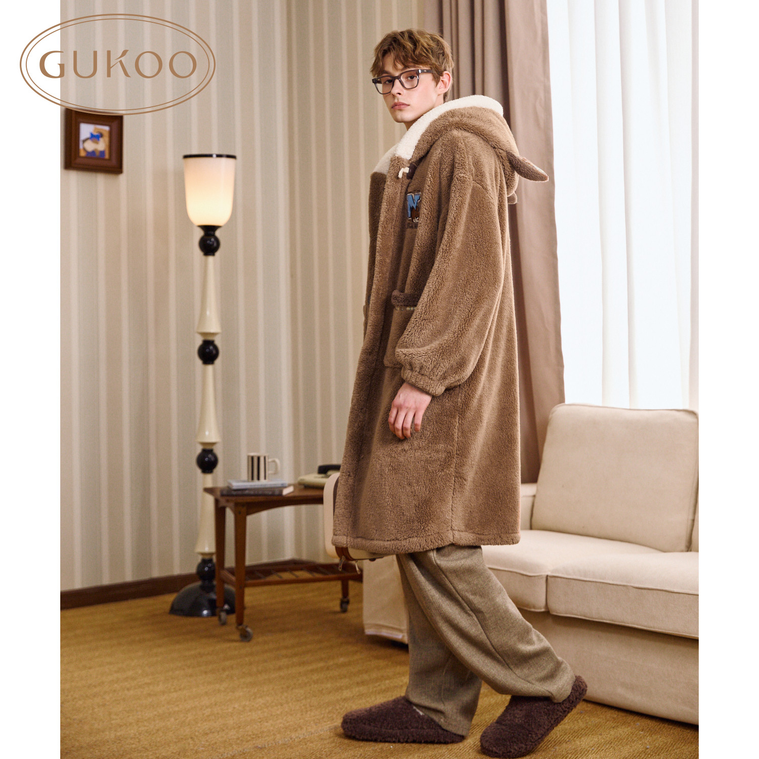 Gukoo/果壳情侣睡衣秋冬疯狂动物城系列加绒加厚保暖连帽外穿睡袍
