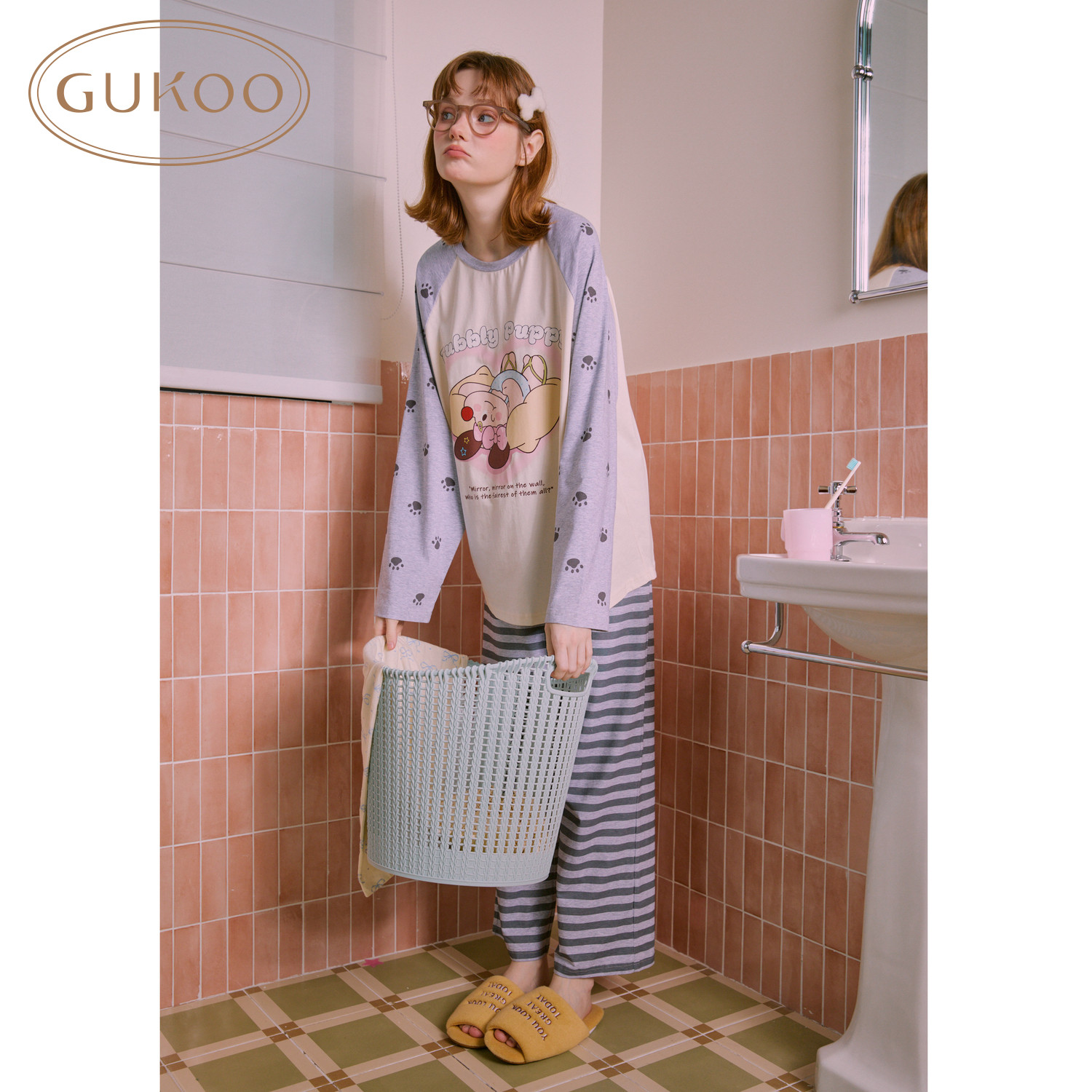 Gukoo/果壳睡衣女秋季新款轰轰小狗卡通条纹印花家居服套装可外穿