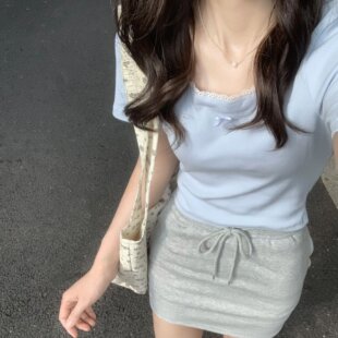 罗纹 t恤女 蝴蝶结花边短袖