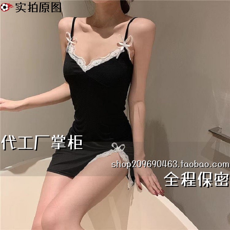 大码qq内衣网红吊带睡衣女裙夏可爱修身纯风蕾丝可胸垫睡裙家居服