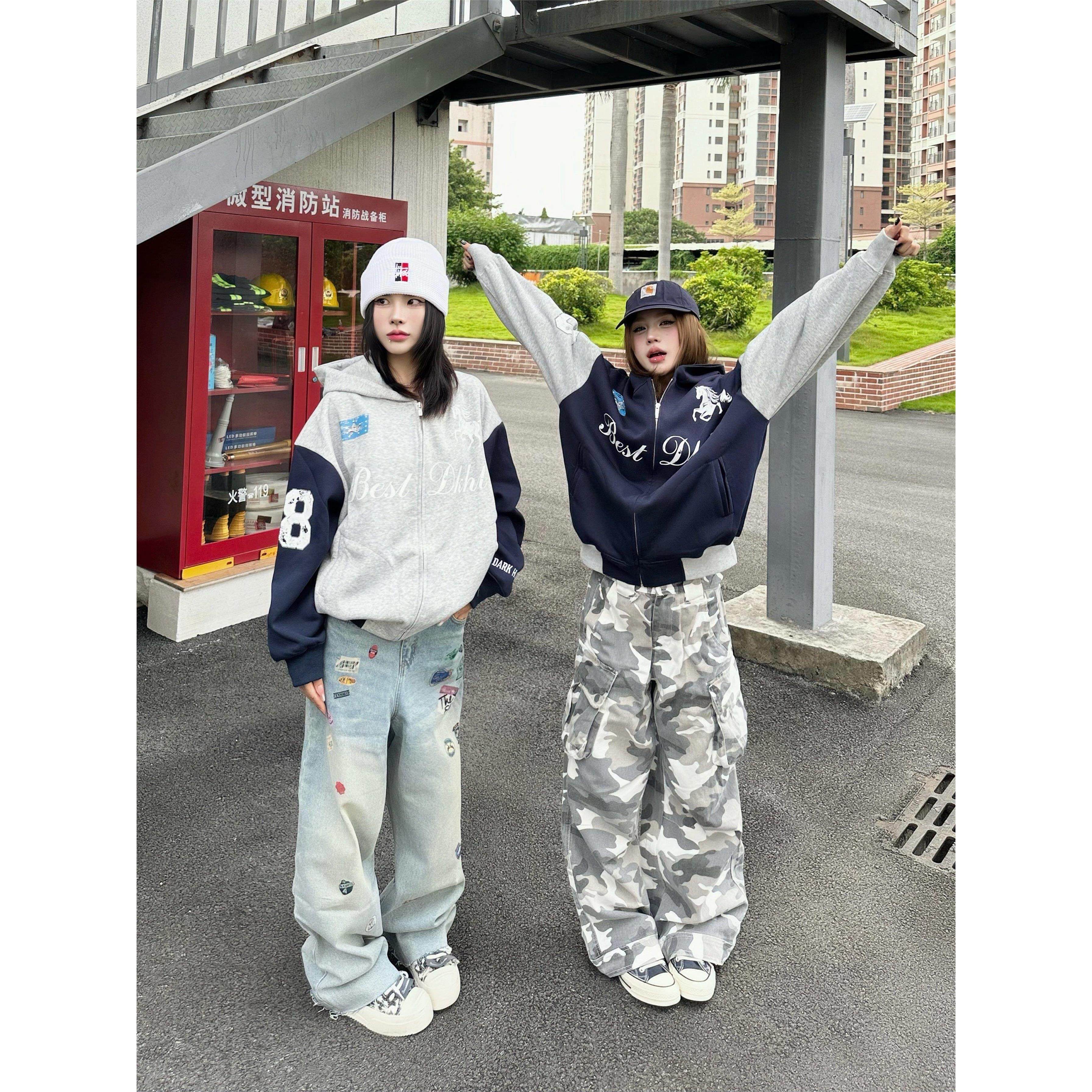 小鱼是条咸鱼美式覆古小马字母印花连帽卫衣男女宽松休闲情侣外套