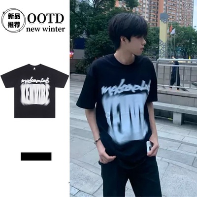 夏季100％重磅纯棉T恤衫黑色短袖男女设计感宽松百搭高颜值hiphop