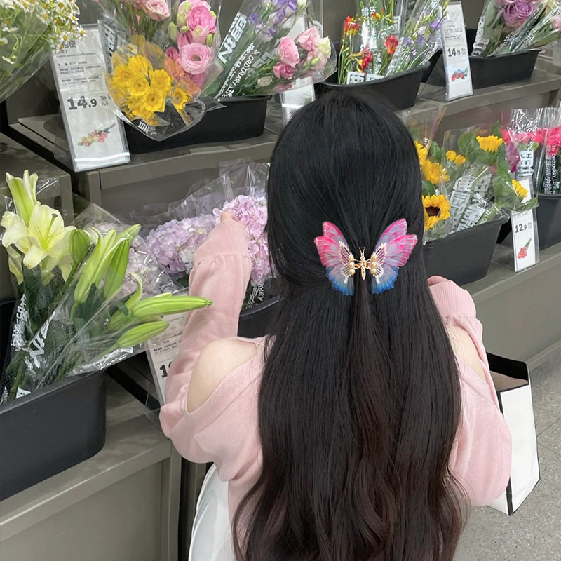 发夹女会动的蝴蝶发卡头饰森系仙美新款网红渐变色绢纱蝴蝶结抓夹