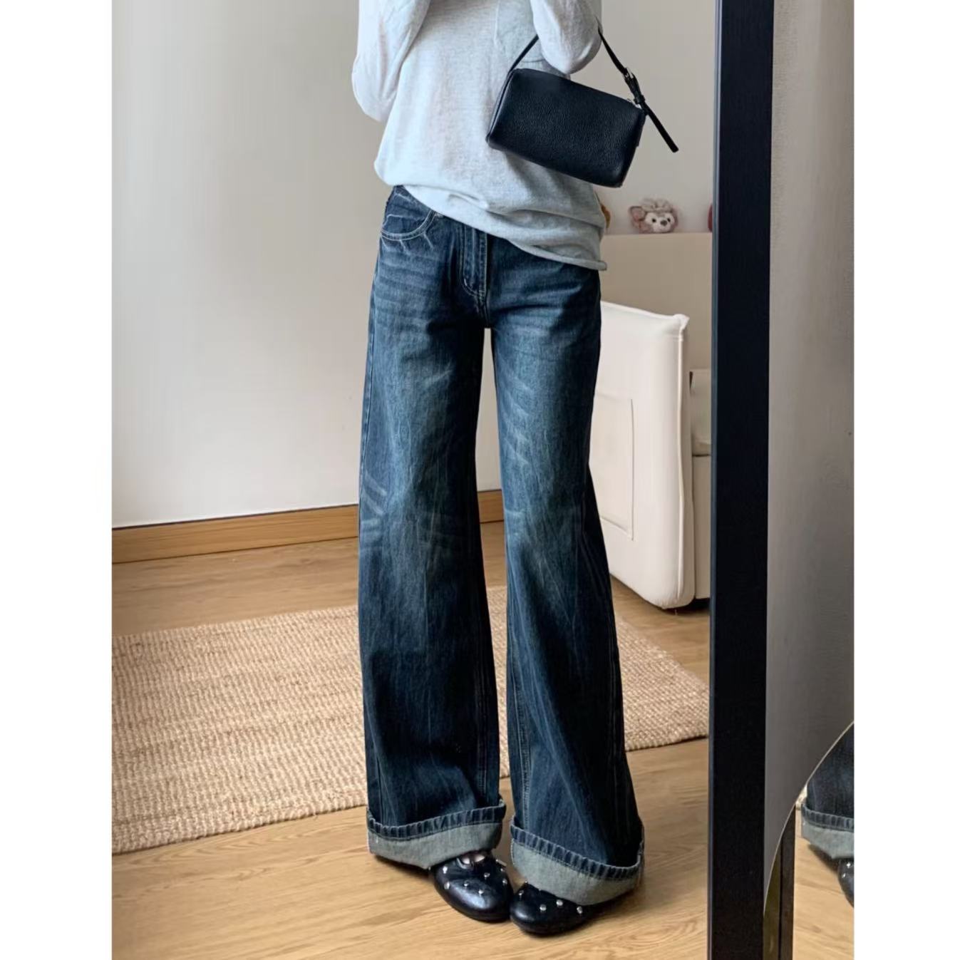美式复古蓝灰低腰直筒牛仔裤女