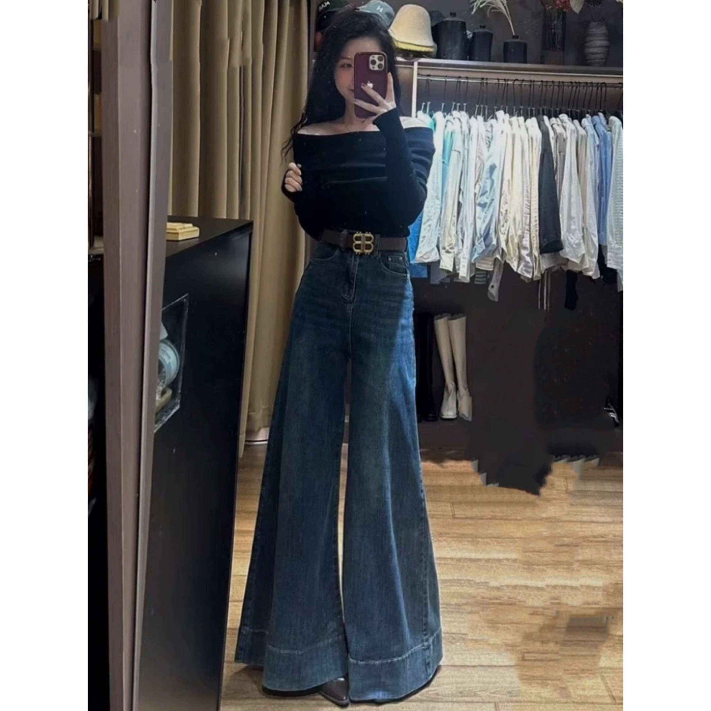 高腰大阔腿牛仔裤女春秋新款设计感深蓝宽松垂感显瘦喇叭拖地长裤