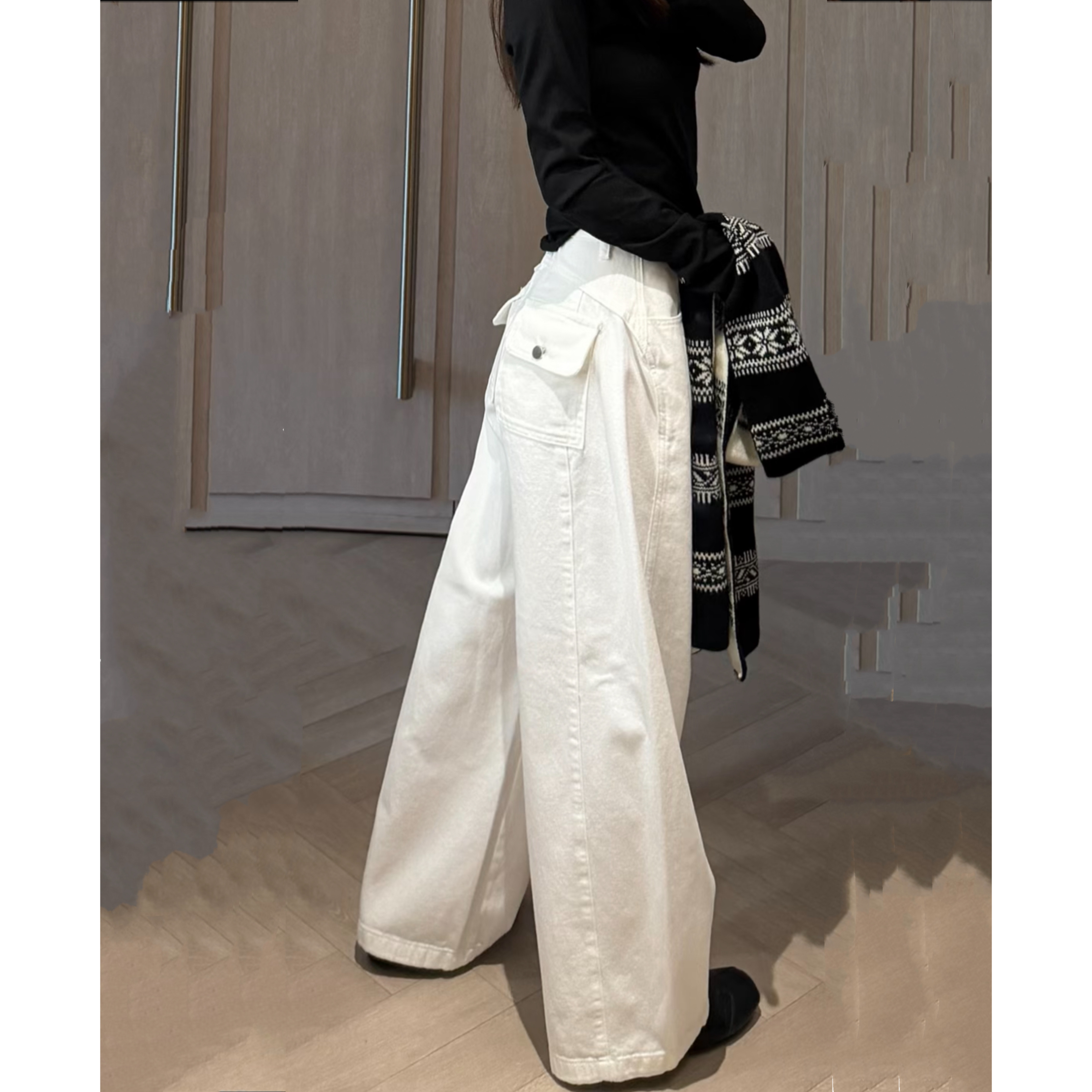 美式复古白色阔腿牛仔裤女2026年新款宽松显瘦弯刀裤直筒工装裤子