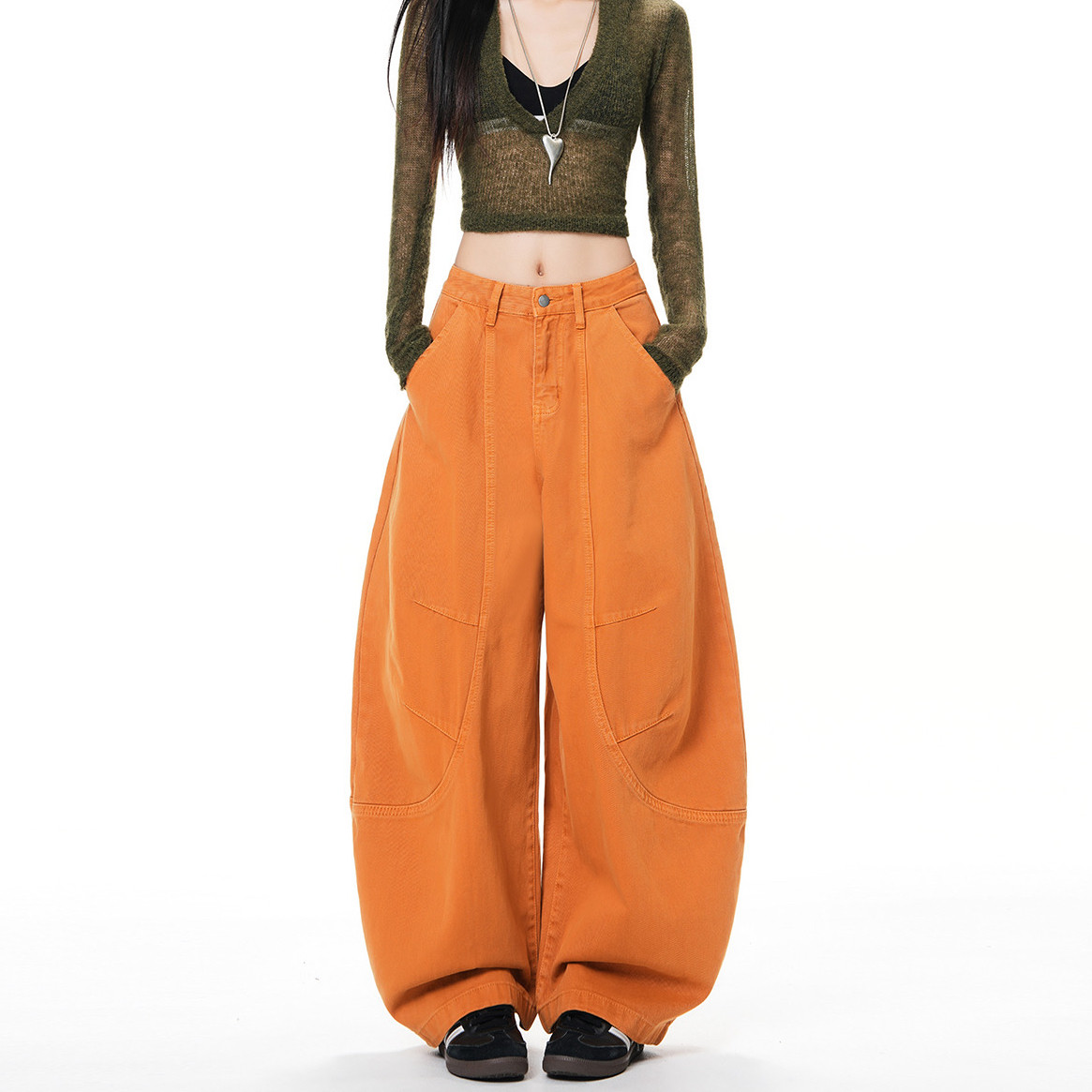 美式复古设计感橘色牛仔裤女黄色
