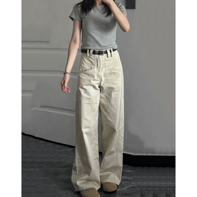 杏色高腰直筒阔腿裤女春秋新款休闲垂感卡其色美式复古工装裤纯棉