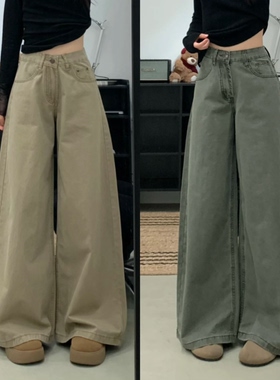 卡其色裤子女2026年新款咖色牛仔裤女宽松高腰直筒裤军绿色阔腿裤